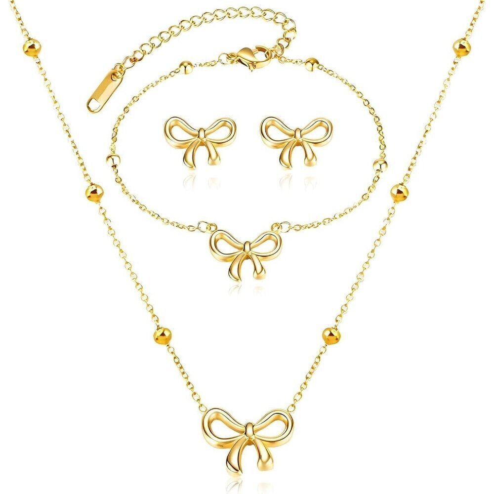 Gold Bow Jewelry Set Necklace Earrings Bracelet Women's Holiday Gift